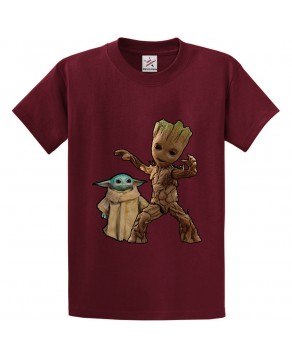 Groot Dancing with Baby Yoda Classic Unisex Kids and Adults T-Shirt for Sci-Fi Movie Fans